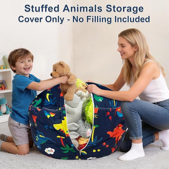 Lukeight Dinosaur Stuffed Animals Storage Bean Bag Chair Cover for Kids Teens, Cozy Velvet Plush Toy Organizer Seat, Cover Only, No Filling Included, Long YKK Zipper, Side Pocket, XX-Large 36 x 20 in