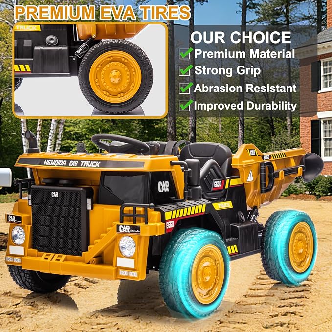 NEWQIDA 24V Ride on Dump Truck, Electric Car for Kids with Remote Control, Kids Ride on Toys Construction Vehicles w/Electric Dump Bed, Shovel, Powerful Motors, EVA Tires, Soft Start, 2 Seater, Yellow