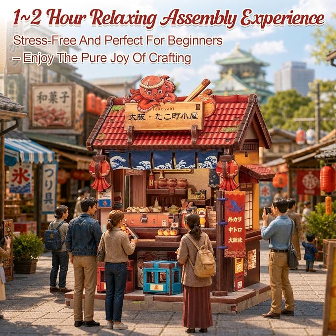 Cutefun DIY Miniature House Kit, 146 Pcs 3D Wooden Puzzle Tiny House Mini House Building Kit for Beginners & Teens – Palm-Sized DIY Japanese Booknook Dollhouse for Bookshelf Decor (Osaka Takoyaki)