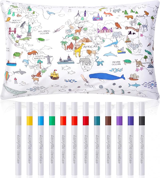 Mindsoft Coloring Craft Coloring Pillowcase World Map Pillowcase with 12 Pcs Markers Pens for Decoration Supplies Craft, 28.7 x 19.7 Inch