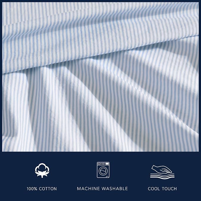 Nautica – Full Size Sheet Set, Crisp Cotton Percale Bedding with Matching Pillowcases, Lightweight & Breathable Bed Sheets, Deep Pocket, College Dorm Room Essentials (Penny Pinstripe Blue)