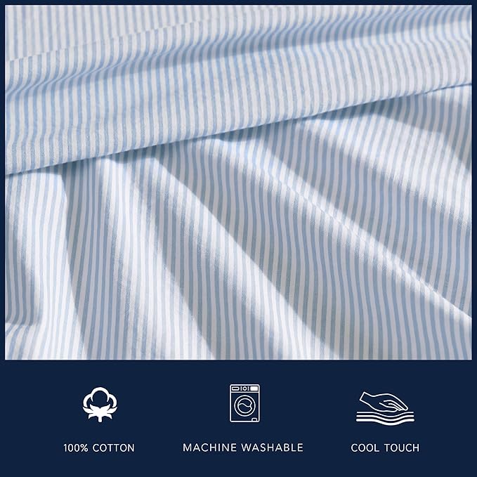 Nautica – Twin Size Sheet Set, Crisp Cotton Percale Bedding with Matching Pillowcase, Lightweight & Breathable Bed Sheets, Deep Pocket, College Dorm Room Essentials (Penny Pinstripe Blue)