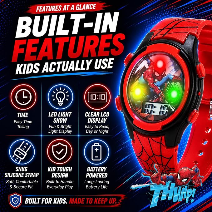 Marvel Spider-Man Kids Watches – Digital Display, Interactive Features, Adjustable Strap, Vibrant Spider-Man Graphics, Durable for Active Kids
