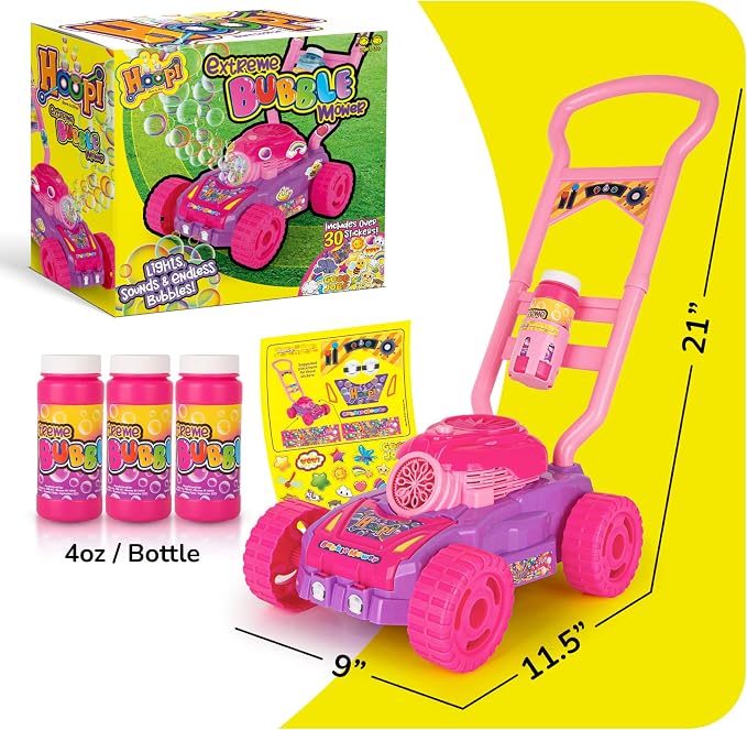Hoopi Extreme Bubble Lawn Mower for Toddlers 1-3, Spill-Proof Kids Bubble Machine with Lights for 2-Year-Old Girl Birthday Gift, Bubbles Blowing Push Toddler Outdoor Toys for Ages 2-4 with 3 Bottles