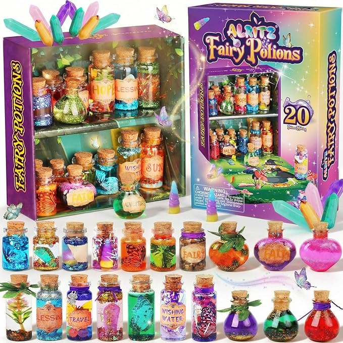 Alritz Fairy Potions Kit for Kids - Magic Potion Making Kit 20 Bottles, Glitter Crystals, Gifts for Girls Ages 6+ Year Old, Creative Craft Indoor Activity Party Birthday