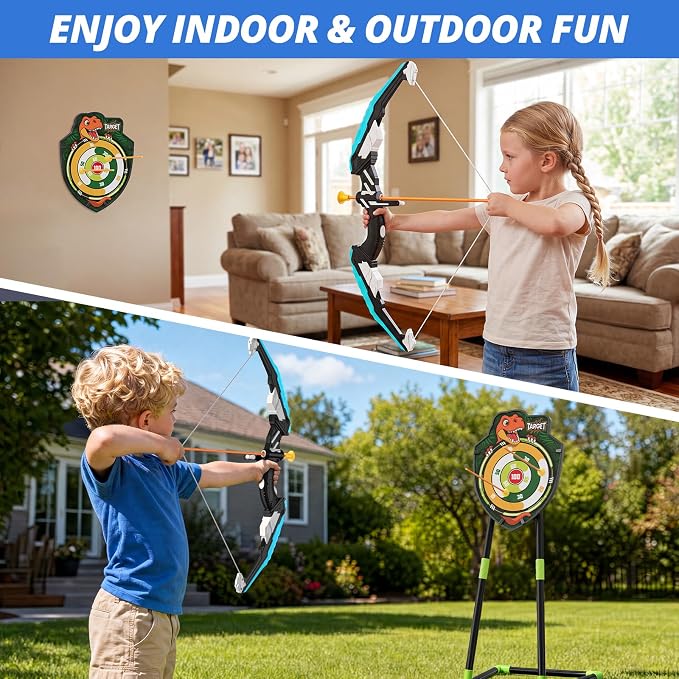 HYES Bow and Arrow for Kids, LED Light Up Archery Set with 12 Suction Cup Arrows, 1 Standing Target, 3 Score Targets & 1 Quiver, Indoor Outdoor Sport Gifts for Boys Girls Ages 4-12, Blue