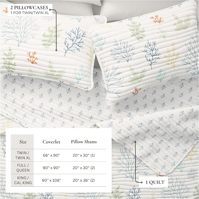 Great Bay Home Coastal Quilt Set - 3-Piece Full/Queen Size Coral Bedding Set - Lightweight, All-Season, Reversible Bedspread (Pastel Coral)