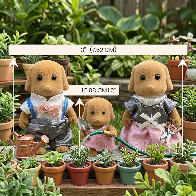 Family Brown Dog Figures — Set of 3 Collectible Flocked Mini Dolls with Removable Clothes, Dollhouse Pretend Play Set for Kids Ages 3+