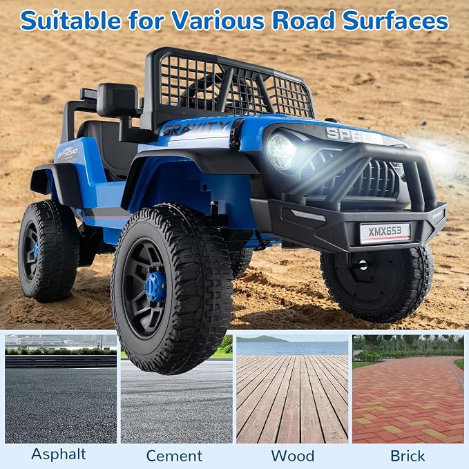 OLAKIDS 24V Ride on Car with Remote Control, Bluetooth, LED Lights, Horn, Spring Suspension, High/Low Speeds, Soft Start for Kids Aged 3+ (Blue)