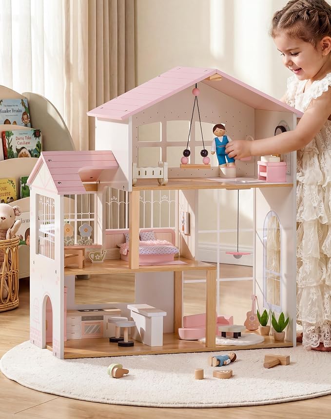 ROBUD Wooden Doll House for Girls，Dollhouse Kit with 6 Rooms & 37 Pcs Dollhouse Furnitrue Accessories, Pink Montessori Doll House for 3+, WDH22
