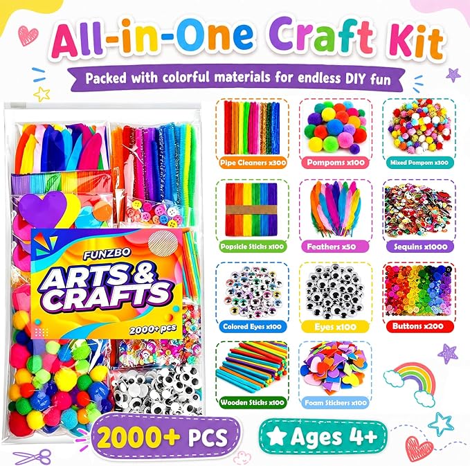 FUNZBO 2000Pcs+ Arts & Crafts Supplies Kits for Kids, DIY Craft Supplies for Toddlers Art Supply Tools Set Pipe Cleaners, Pom Poms and Feather, Birthday Gifts for Kid Girls Ages 4-8-12