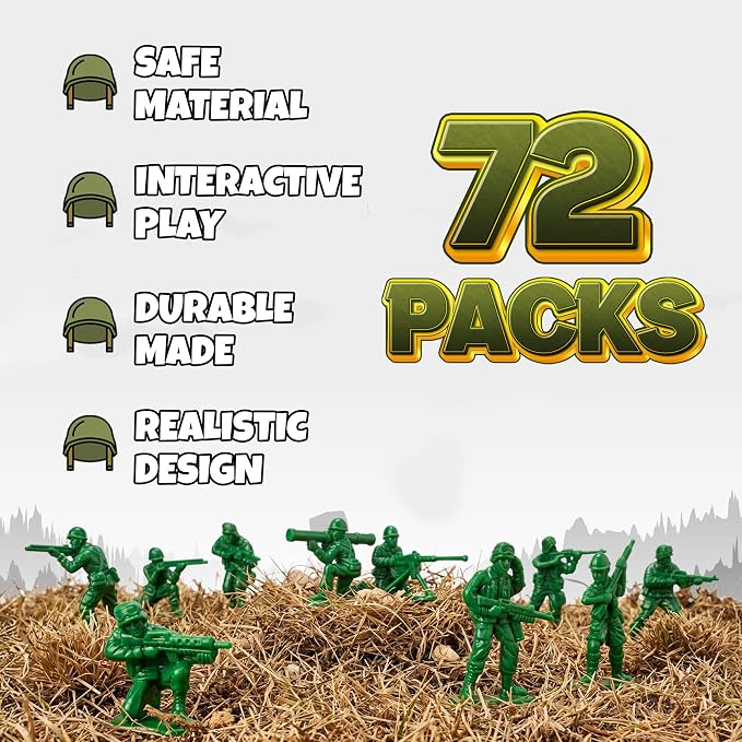 Green Army Men Toy Soldiers (72 Pack) - Classic Military Action Figures for Kids - Plastic Army Toys Set for Battle Play, Party Favors, Cake Toppers & Goodie Bags