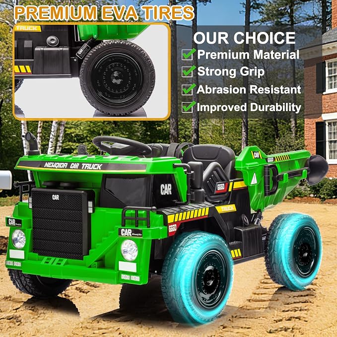 NEWQIDA 24V Ride on Dump Truck, Kids Electric Car with Remote Control, Ride on Construction Vehicles w/Electric Dump Bed, Shovel, 2x75W Powerful Motors, Up to 4.4Mph, EVA Tires, Soft Start, Green