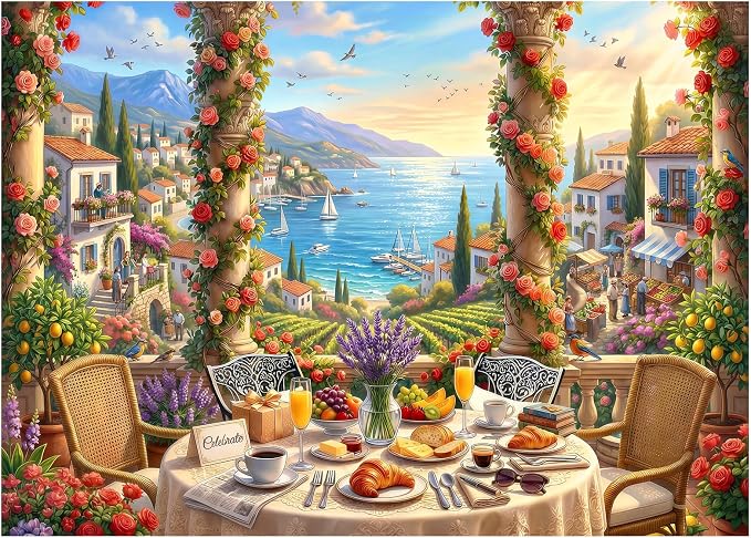 Mediterranean Morning Puzzles for Adults 1000 Pieces,Challenging Jigsaw Puzzles for Adults,Difficult Impossible Puzzle for Family Game Night,Recycled Paper Jigsaw Puzzle,Gifts for Boys Girls