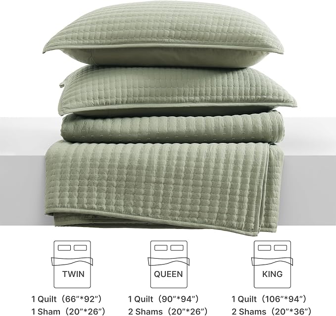 WRENSONGE Twin Size Quilt-3 Pieces Lightweight Bedspreads Sage Green Twin Quilt Bedding Set for All Seasons, Soft Summer Coverlet with 1 Pillow Shams Suitable for Bed, Couch, Quilt Blanket