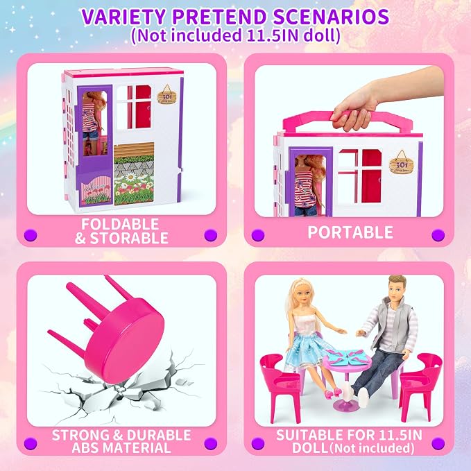 Style Shine Doll House Portable & Foldable Dollhouse w/ 60+ Pcs & 2 Dolls, Play House Toy with Bedroom Kitchen Furniture Camping Playset, Playhouse Gift for Girl Kid Toddler