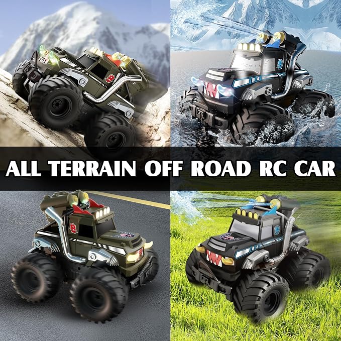 Dual Remote Control RC Car with Magic Gesture Wristband & 40+ Min Play, 1:18 Fully Submersible Waterproof All Terrain 4WD Monster Truck, Amphibious Toy Crawler Gift for Boys Girls Ages 6-12-Green