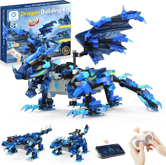 Sillbird Dragon Building Kit with Remote Control STEM Gifts for Kids Boys Ages 8-12, Technic Buildable 3in1 Models Coding Toys for Birthday with 590 Pieces