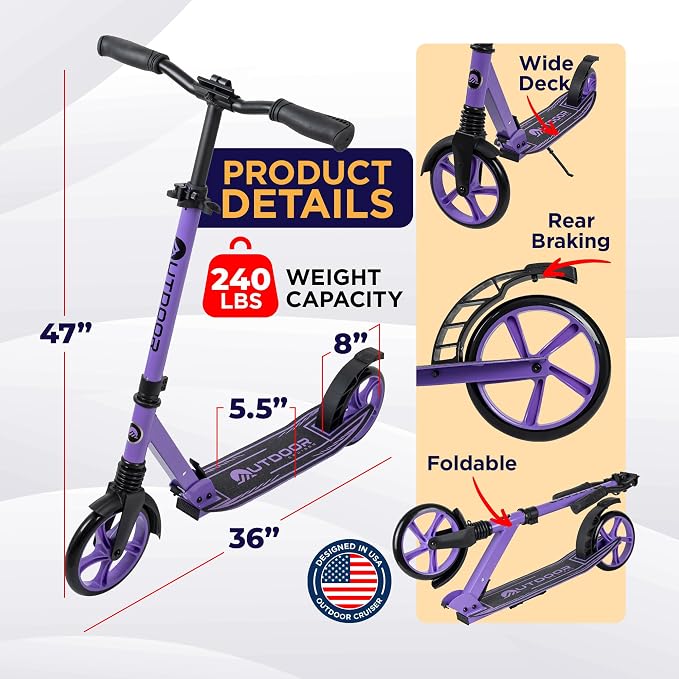 Outdoor Cruiser Kick Scooter for Ages 6+, for Kids, Teens, and Adults, Max Load 250 LBS, Foldable, 8-inch Big Wheels, Dual Suspension, 3 Adjustable Levels, Child Safety Approved, Purple