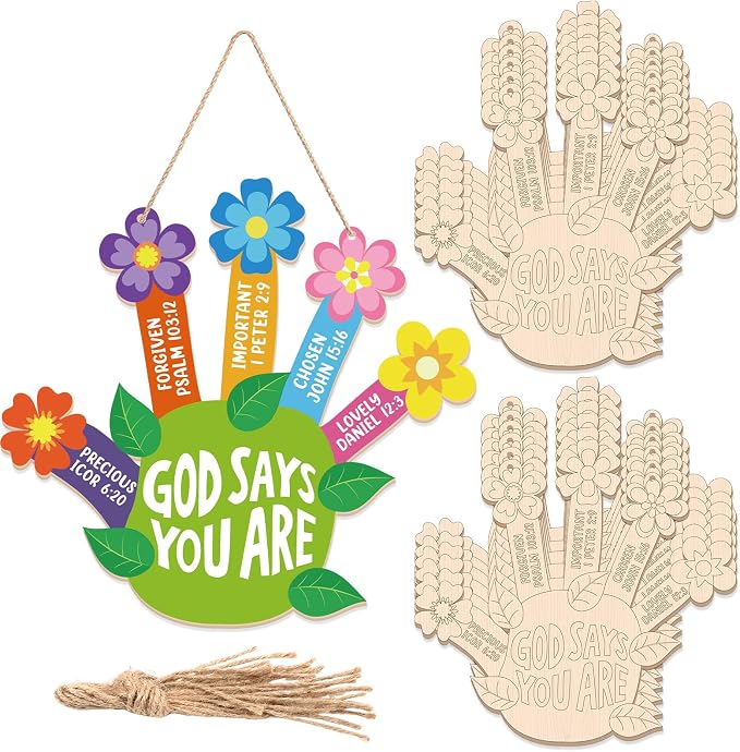 CHUNNIN 12 Set Sunday School Craft Kit 2026 VBS God Says Handprint Flower Craft Christian Wooden Pot Painting Coloring Kit DIY Activities Religious Bible Gift with String for Classroom Church Home