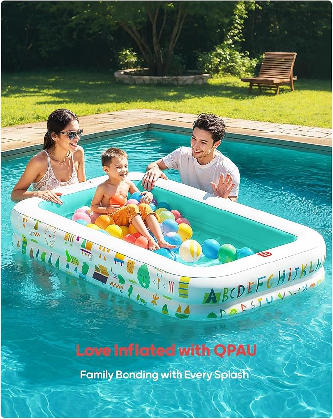 QPAU Kiddie Pool – 65" x 39" Inflatable Pool for Kids & Toddlers, Ball Pit & Baby Pool with Soft Cushioned Floor, Canopy for Sun Protection, Durable Outdoor Play Toys for Backyard & Indoor (Green)