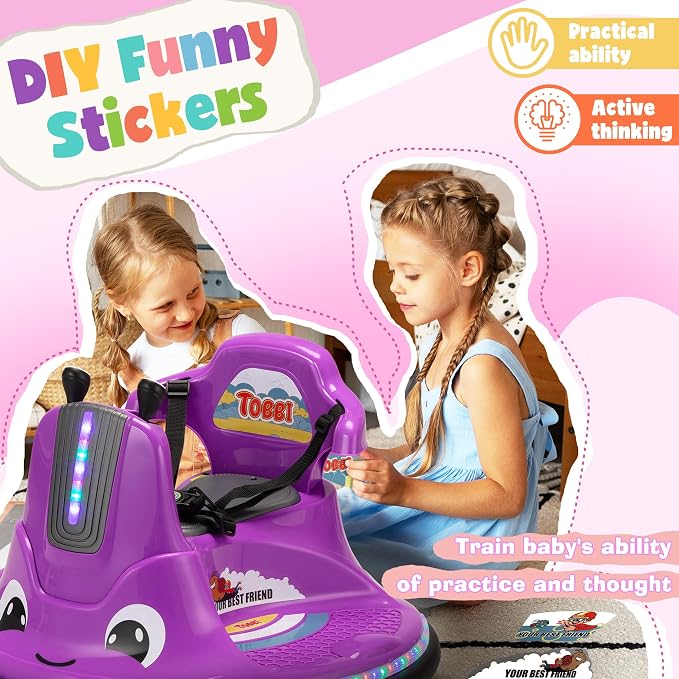 TOBBI Kids Snail Bumper Car, 12V Battery Powered Toddler Electric Ride On Toy with Parent Remote Control/Funny Stickers/360 Degree Spin for Children of Aged 1-6-Violet