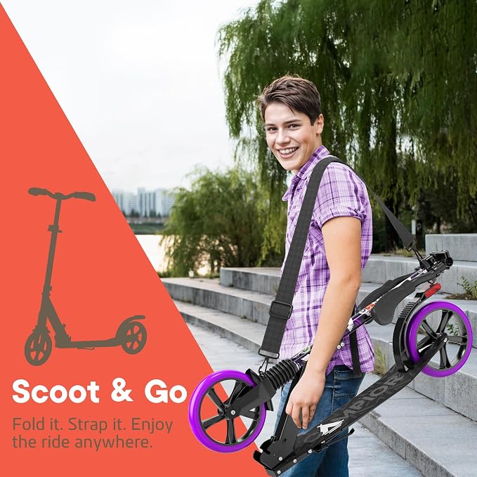 Campior Kick Scooter for Ages 6+, for Kids, Teens, and Adults, Max Load 240 LBS, Foldable, 8-inch Big Wheels for Kids and Adults, with Kickstand, 3 Adjustable Levels, Child Safety Approved, Purple