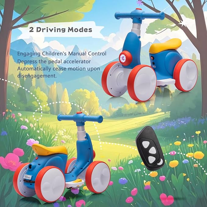 6V Electric Baby Balance Bike for 1 Year Old Boys Girls Ride on Toys 12-36 Months Toddler Balance Bike, 4 Wheels Kids First Bike with Remote Control First Birthday Gifts- Blue&Red