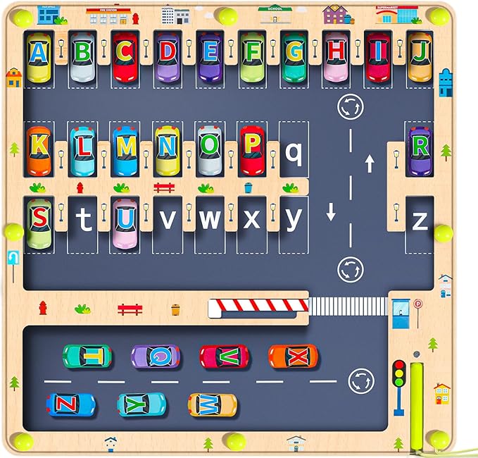 Magnetic Alphabet Maze Letter Puzzle Board, NOWRICH Montessori Toys for 2 3 4 5 Year Old Boy and Girl, Magnet Alphabet Learning Car Parking Maze Toys for Kids 3-5, Birthday Gifts for Toddler