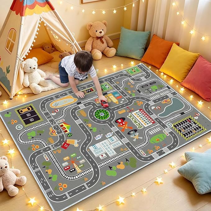 Car Rug Play Mat Road Rug,Kids Carpet Playmat Rugs City Life Great for Playing with Cars and Toys,Children Educational Race Track Rugs with Non-Slip Rubber Backing for Playroom Bedroom Classroom