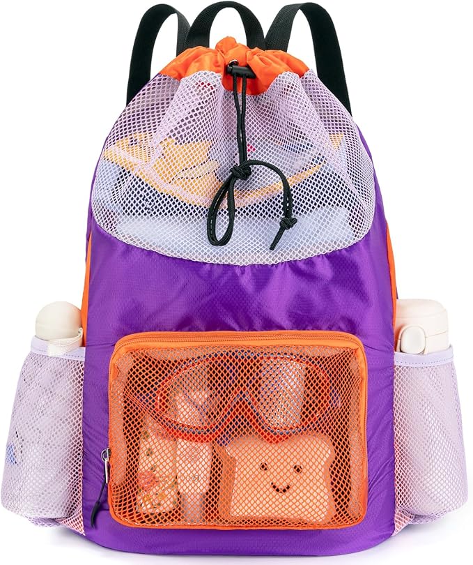 Swim Bag for Kids Mesh Beach Backpack for Boys Lightweight Drawstring Beach Bag Swimming Pool Sports Gym String Bag (Purple-Orange)