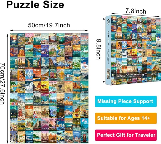 Puzzles for Adults 1000 Pieces Vintage World Travel, Jigsaw Puzzles Landscape Poster Puzzle Landmarks, 1000 Piece Scenic Jigsaw Puzzles for Adults 90 Scenics World Scenery