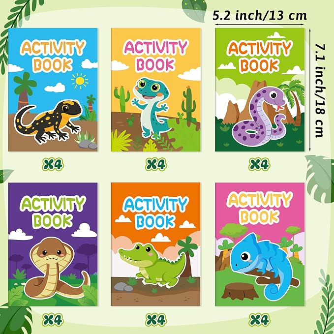 Dvbonike 24Pcs Reptile Activity Books - Reptile Mini Fun Games Coloring Book Bulk with Lizards Snakes Crocodiles Animals Party Favors Goodie Bag Stuffers Classroom Rewards Supplies