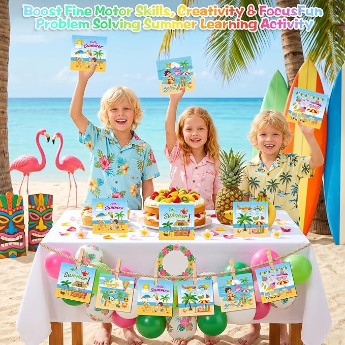 Fennoral 24 Pack Summer Craft Kit for Kids Bulk Make You Own Summer Jigsaw Puzzle with Base Design DIY Coloring Art and Craft for Classroom Activity Luau Party Supplies Birthday Gifts,4.7inch
