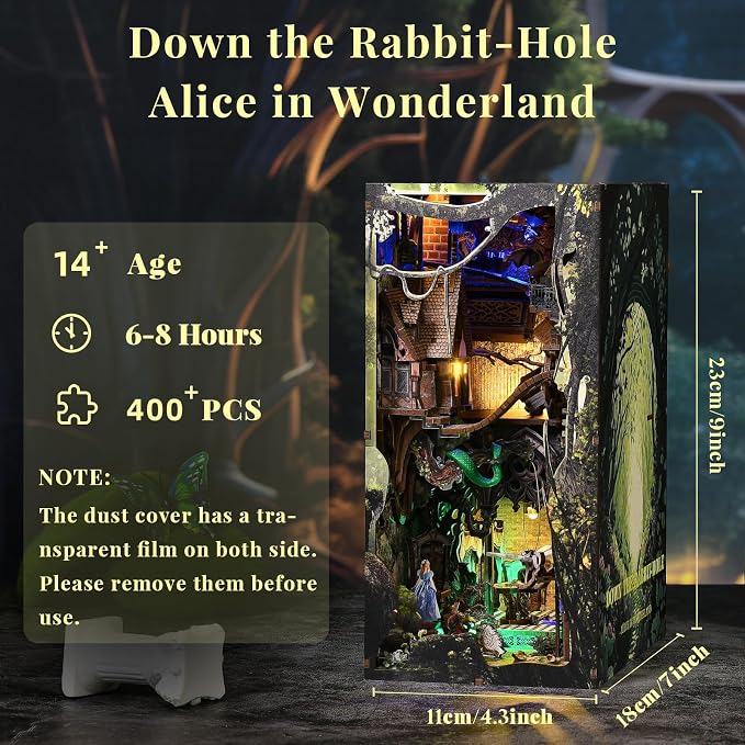CCCDF Book Nook Kit, Booknook Kit with Dust Cover for Adult DIY Miniature House Kit 3D Wooden Puzzle Decorative Bookend Bookshelf Decor Gift for Women Teens (Alice Down The Rabbit Hole)