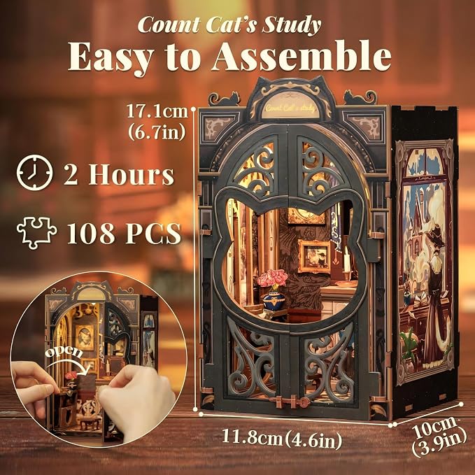 Fsolis Book Nook Kit Cat, DIY Scene Miniature House Kit (Count Cat's Study) | 3D Wooden Puzzles for Adults Booknook for Beginners Bookshelf Nook Decor Mini Building Kit Gift for Women Book Lovers