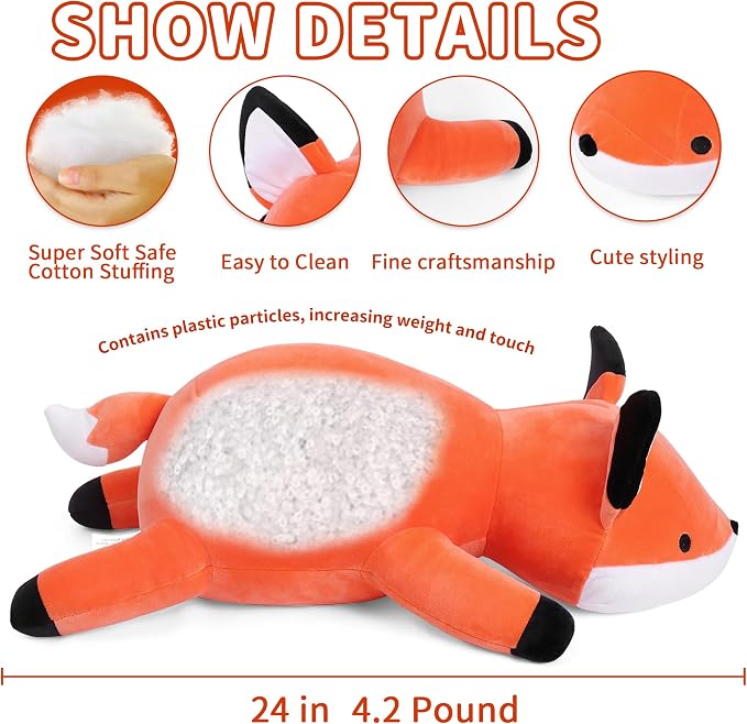 WeBingo Weighted Stuffed Animals, 24" Weighted Fox Plush Toy 4.2 Lb Soft Pillow Cute Giant Plushie Gifts for Kids & Adults