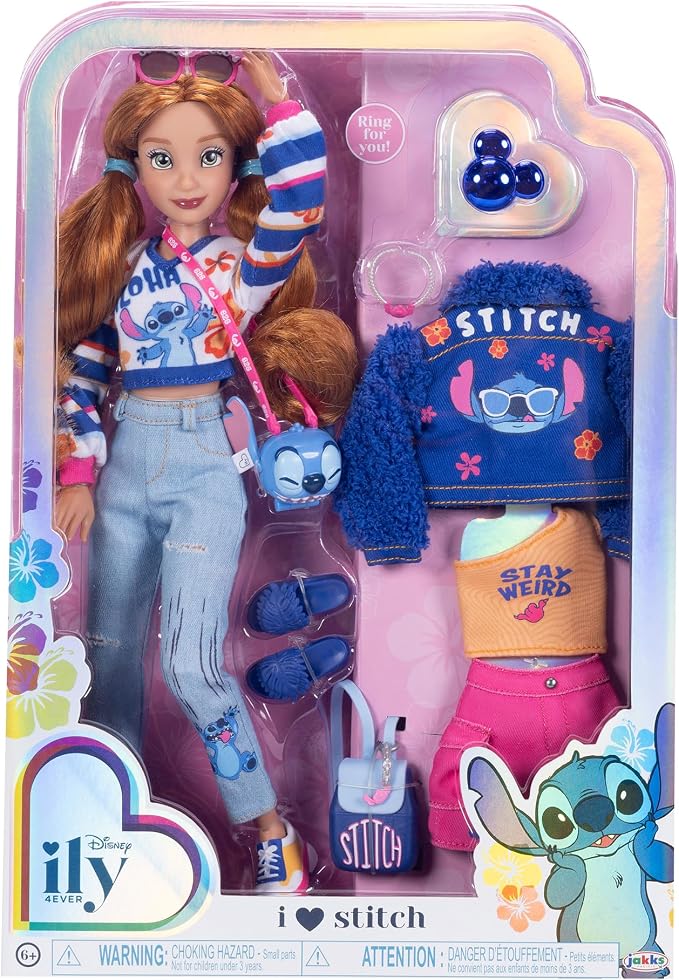 Disney ILY 4EVER Fashion Dolls Red Hair Stitch 11.5" Tall with 13 Points of Articulation, Two Complete Mix-and-Match Outfits and Mickey Ring for You!