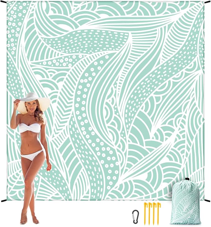 WIWIGO Beach Blanket Waterproof Sandproof Beach Mat 79" X 83"/10'x9'for 2-8 Adults Quick Drying Outdoor Picnic Mat Beach Accessories for Travel, Camping, Hiking