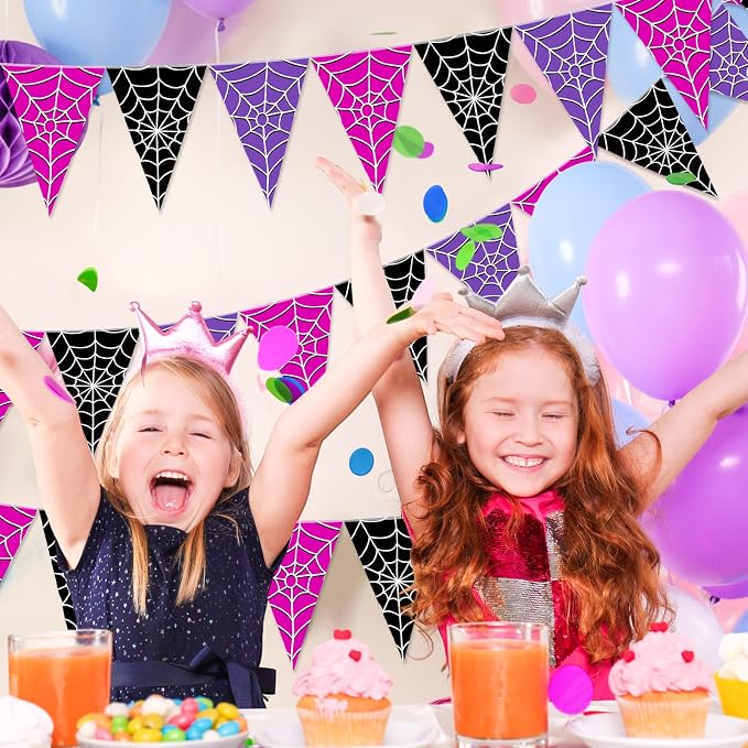 Tiamon 5 Pcs Wednesday Birthday Party Decorations Halloween Spider Web Birthday Triangle 49.2 ft Flag Black Purple Pink Pennant Banner Spider Garland Streamer for Baby Shower Party Supply