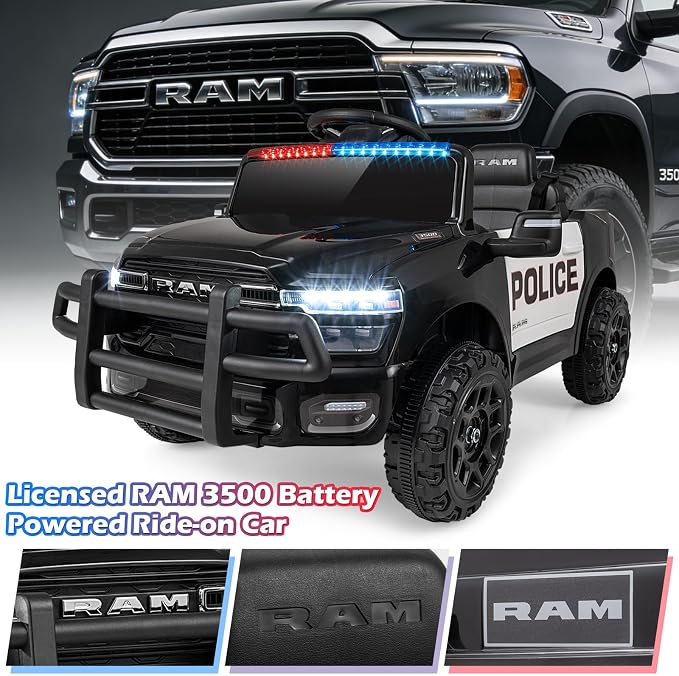 Costzon Police Car Ride On, 12V Licensed RAM Kids Electric Vehicle w/Remote Control, LED Lights, Music, Horn & Wireless Connection, Soft Start, Kids Car Toyt for Boys Girls (1-Seater,Police Dark)