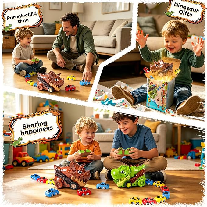 Remote Control Dinosaur Truck Toy Eat Cars for Kids 3-7 | RC Triceratops, 9 Mini Magnetic Cars, 2 Speed, 2.4G Rechargeable, Birthday Holiday Gift for Dino & RC Cars Lover