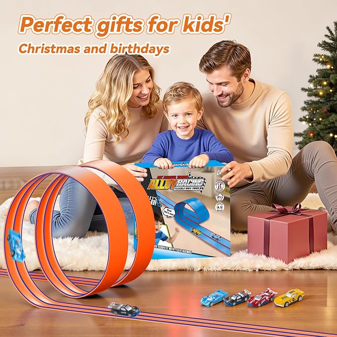 Upgrade Flexible Race Track for Kids, 15 Ft Flex Race Car Ramp Track with 4 Cars & Suction Cups - Compatible with Diecast 1/64th Cars, Car Tracks Toys for Kids Boys Girls Ages 3 4 5 6+ (Orange)
