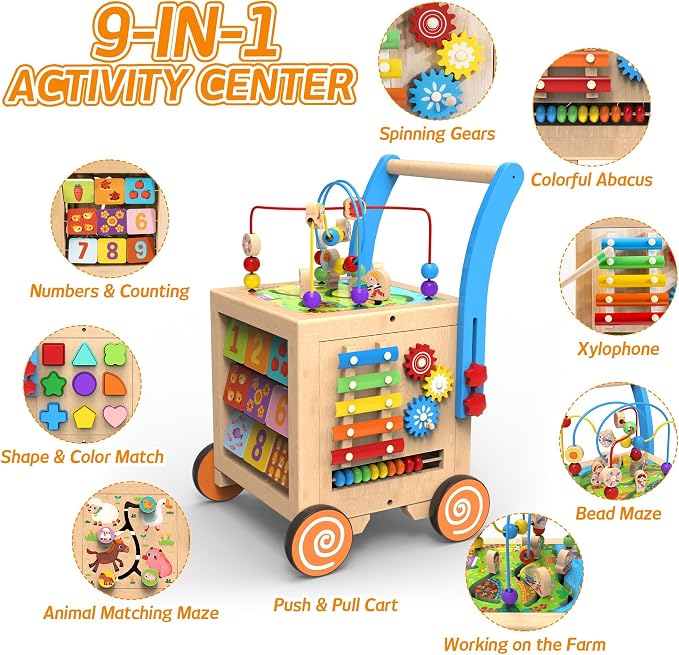 9-in-1 Wooden Activity Cube Baby Walker for 1 Year Old | Sit-to-Stand Learning Walker & Montessori Activity Center for Toddlers | Height & Speed Adjustable Push Walker Toy for Boys & Girls