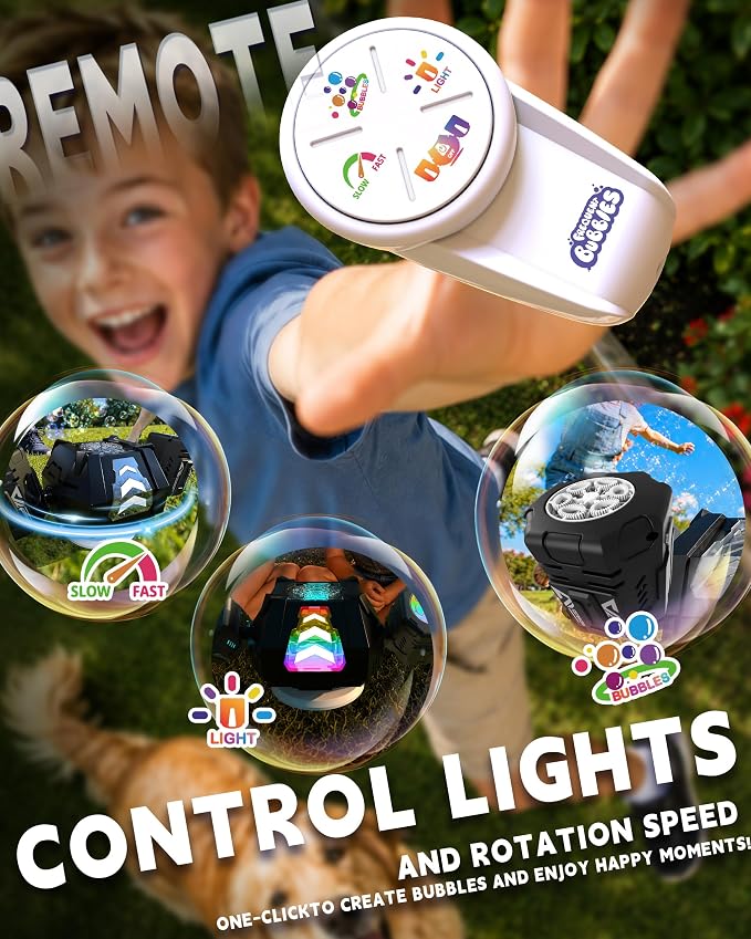 New RC Bubble Machine,RGB Light 360° Auto Rotation Rechargeable Bubble Makers High Capacity Bubble Blower for Kids Wedding Party Indoor Outdoor