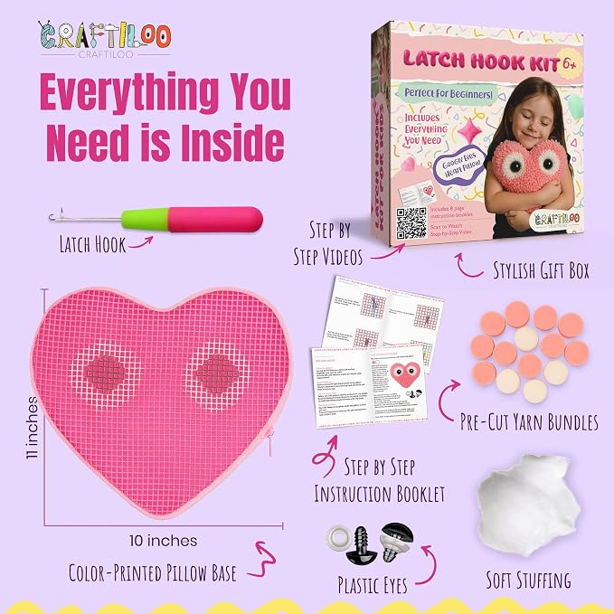 CRAFTILOO Latch Hook Kit for Kids Rug DIY Pillow Craft with Hook, Precut Yarn, Easy to Follow Pattern Cute Designs with Googley Eyes Heart Ages 6+