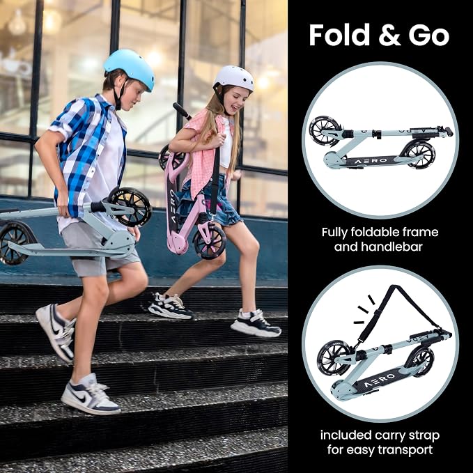 AERO MOBILITY Kick Scooter for Kids 6+, Teens & Adults | Light Up Wheels, Hand Brake, Rubber Deck Mat & Shock Absorption | Foldable & Height Adjustable