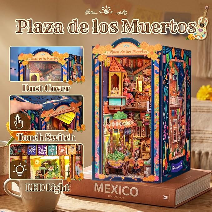 CUTEBEE Book Nook Kit - DIY Miniature House Kit for Adults, 3D Wooden Puzzle Bookshelf Insert Decor, Day of the Dead Booknook, Mexican Folklore LED Miniature Kit, Unique Gifts (Plaza de Los Muertos)