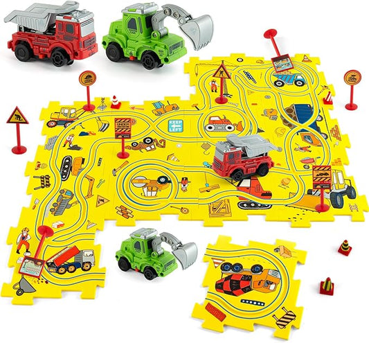 Plastic Puzzles for Kids Ages 3-5 with Toy Cars (Excavator + Dump Truck), Gift Toys for 3 4 5 6 Year Old Boys Girls, Toddler Puzzle Track Car Play Set, Critical Thinking Educational Toys