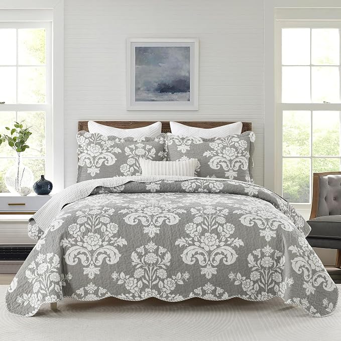 Queen Size Quilt - 100% Cotton Grey Quilt Set, Gray Floral Pattern Farmhouse Bedspread Set, Queen Lightweight Reversible Queen Quilt Bedding Set for All Season,Gray Grey White 3-Piece